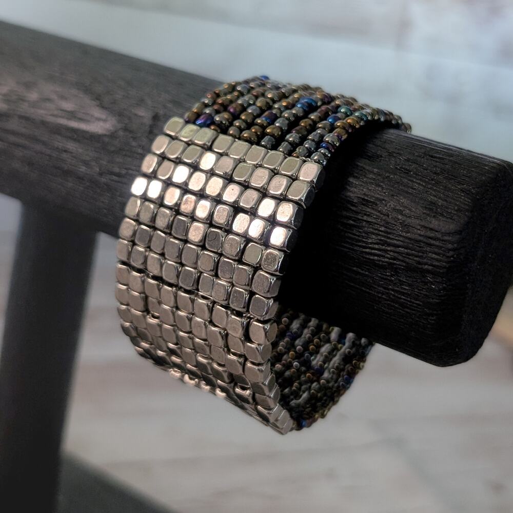 Vintage Bracelet - Silver Tone & Dark Multi Colored Beads